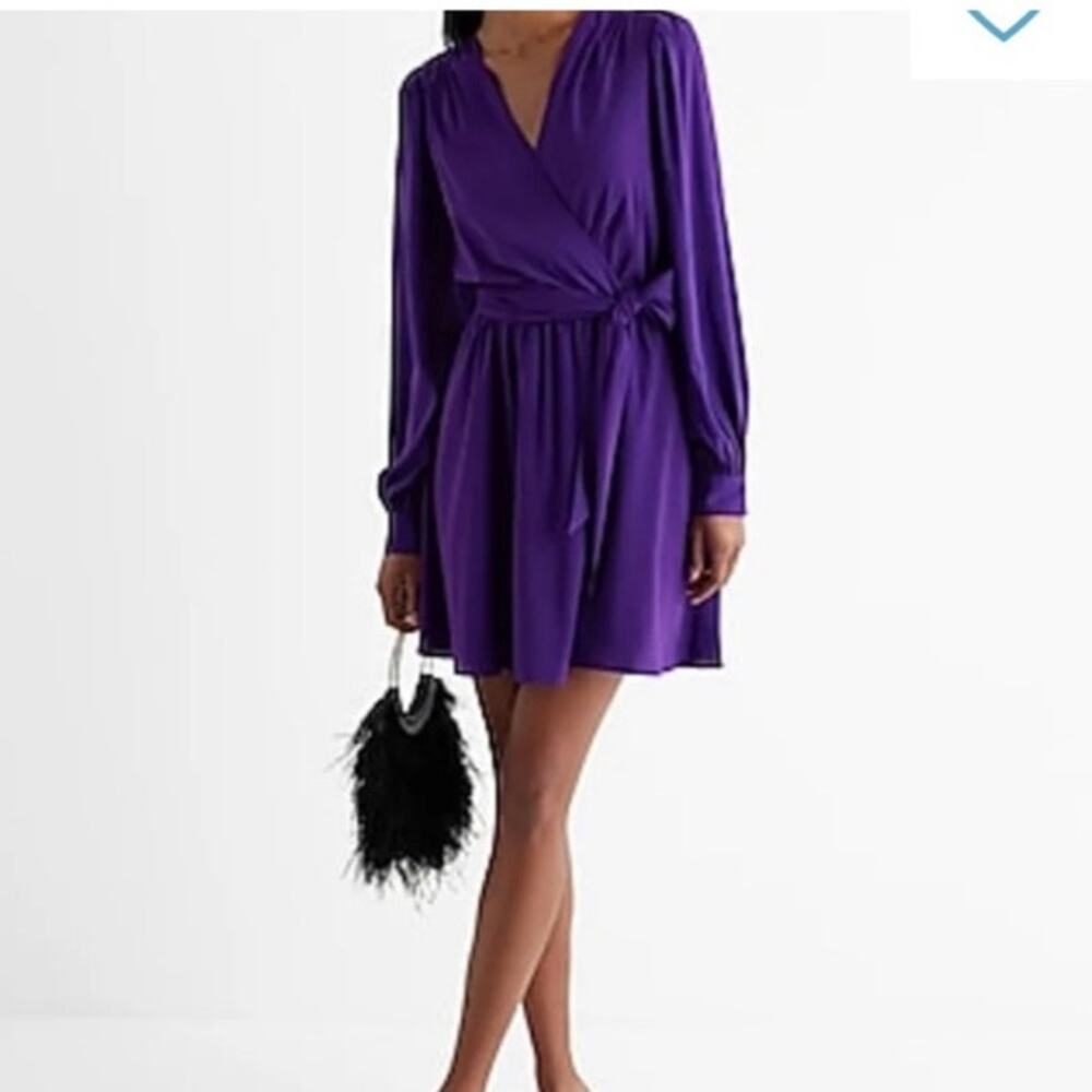 Express Satin Blouson Dress Size M Dark Purple V Neck Tie Waist